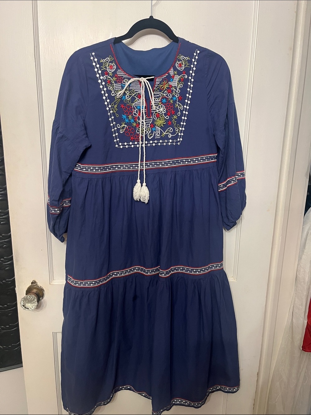 NWOT Embroidered Navy Midi Dress with Tassel Tie